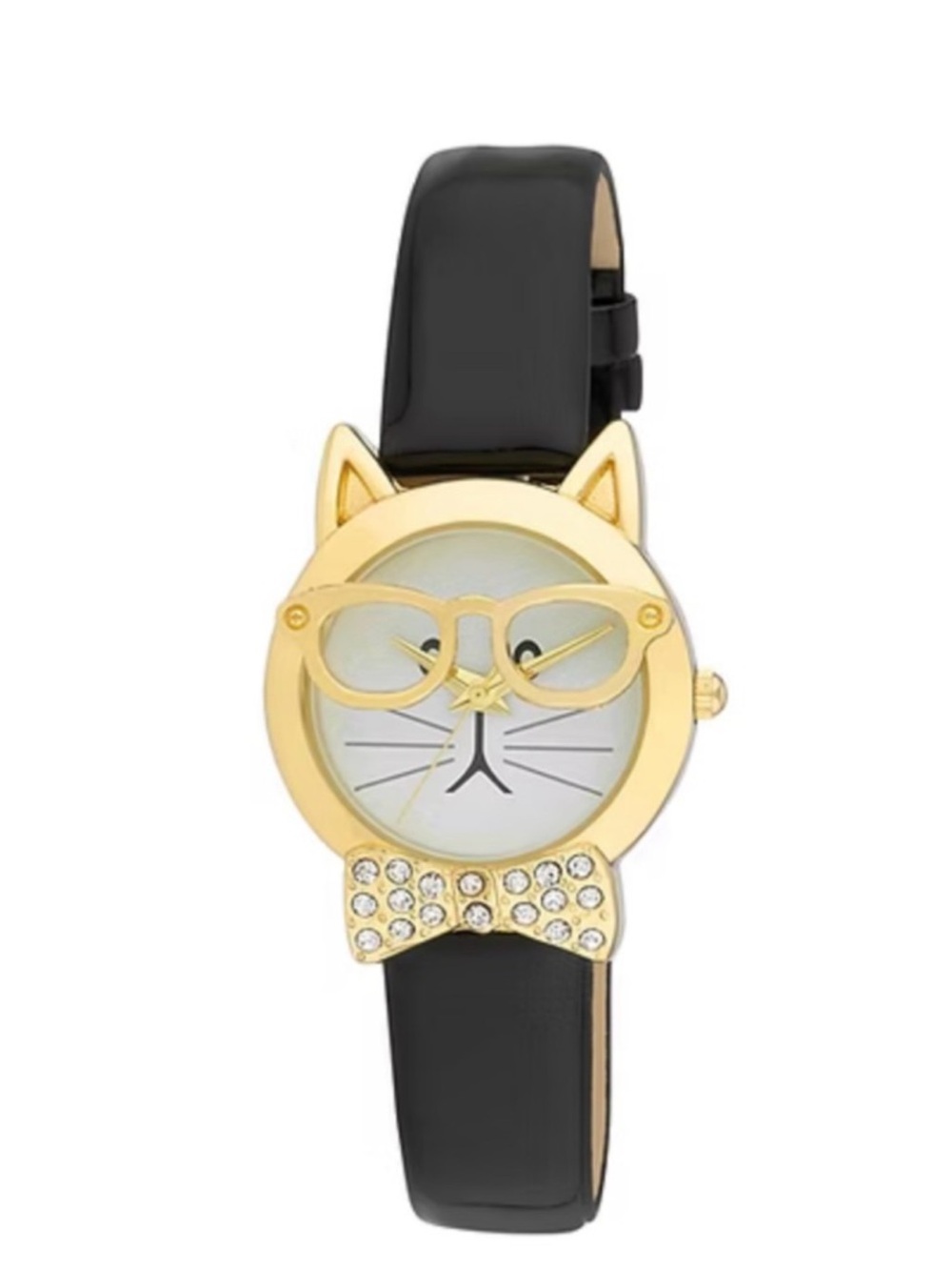 Gold Cat Face Watch with Black Band - Fashion Pet-Inspired Timepiece